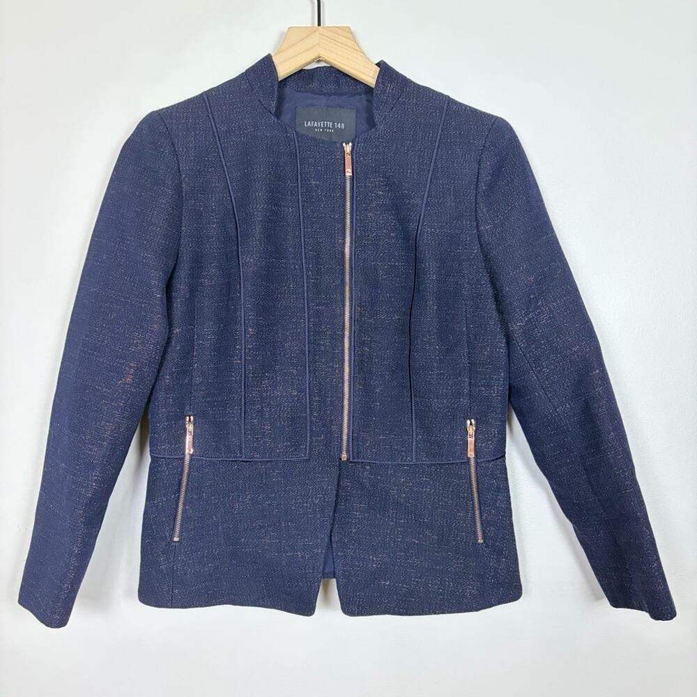 Lafayette 148 Blazer Size 4 Navy Blue Tweed "Flawed*